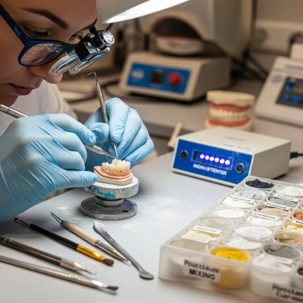 Dental technician preparing porcelain veneers in a dental lab