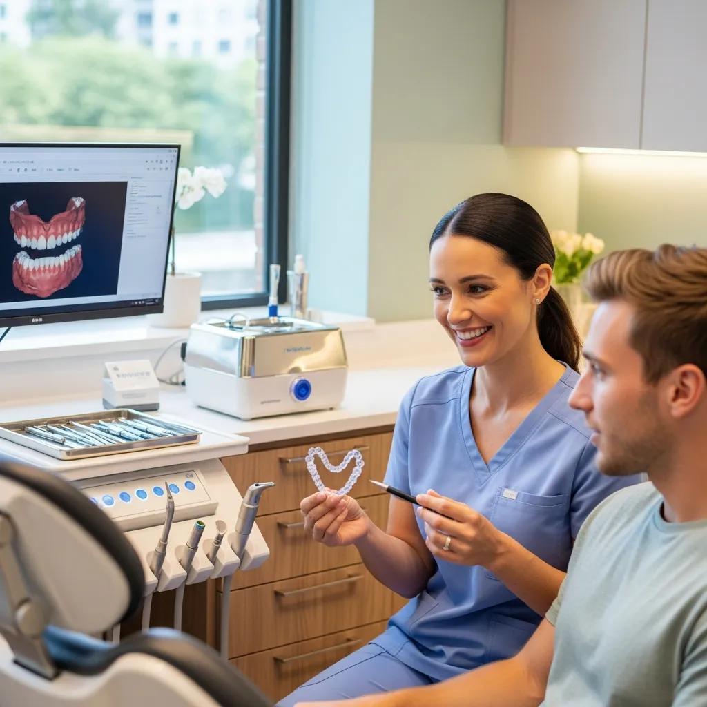 Orthodontist discussing Invisalign treatment with a patient in a modern dental office