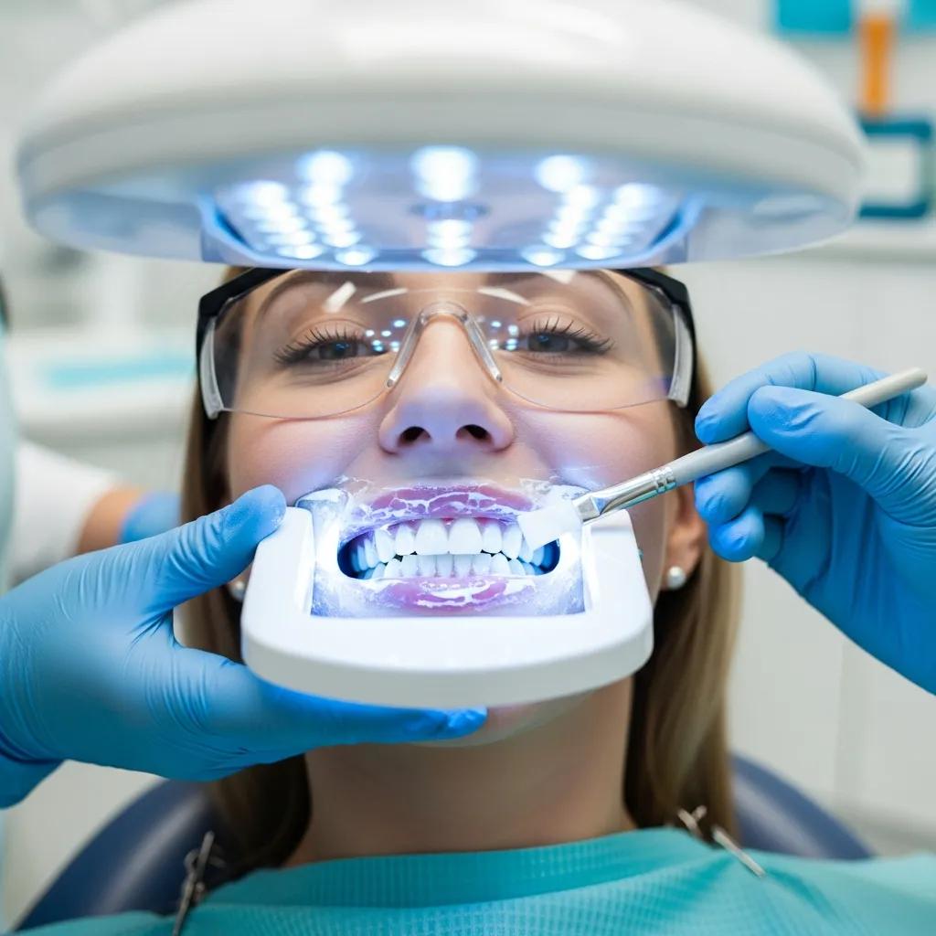 Patient receiving professional teeth whitening treatment in a dental office