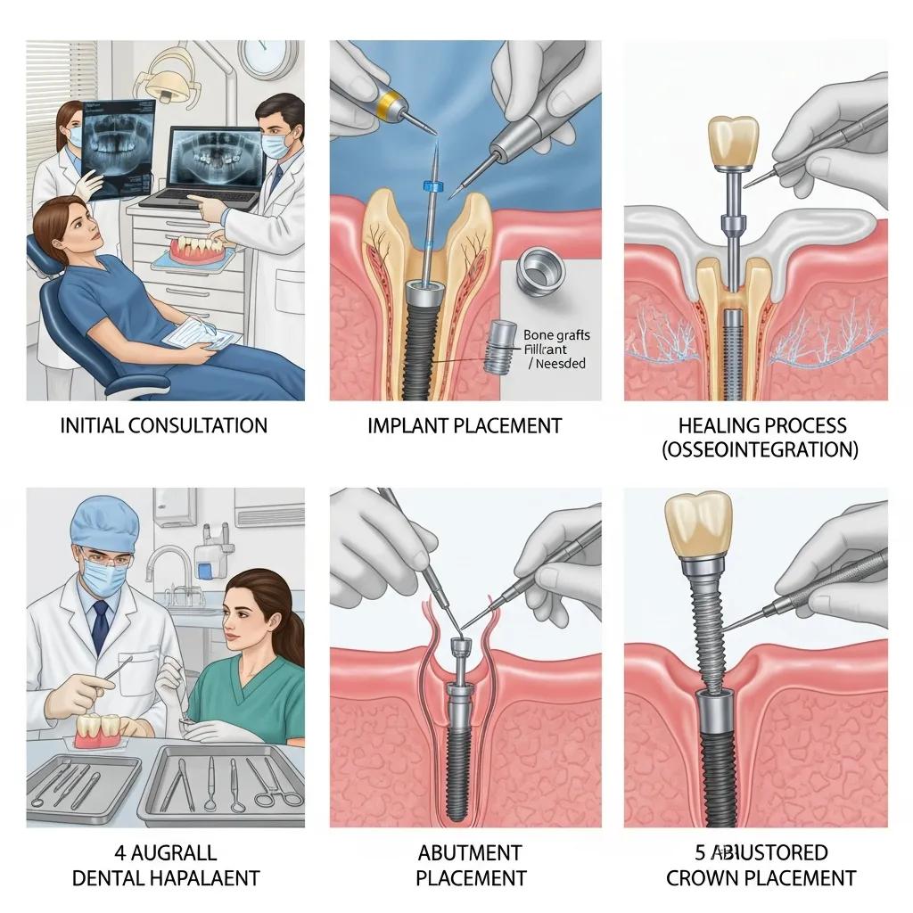 Graphic showing the stages of a dental implant treatment from consultation to final crown