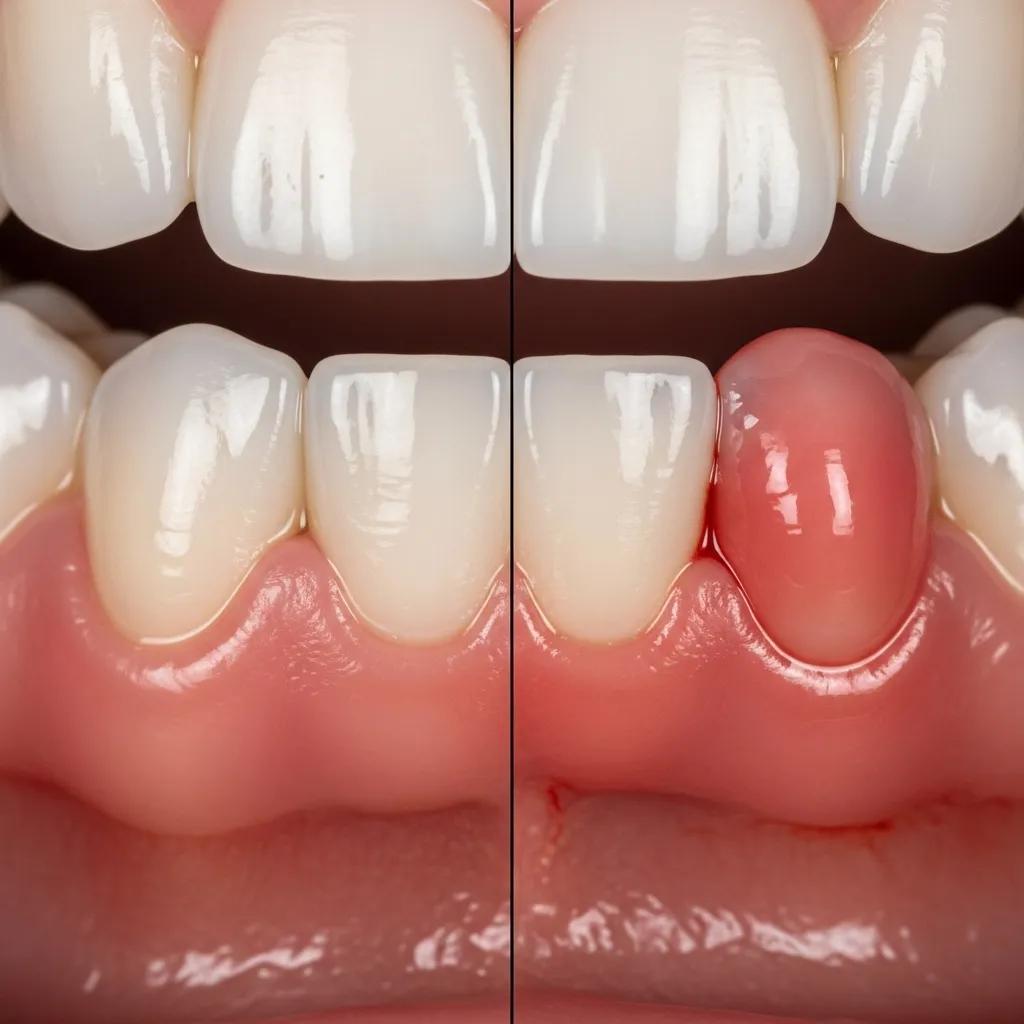 Close-up comparison of healthy gums and inflamed gums, illustrating common signs of gum disease