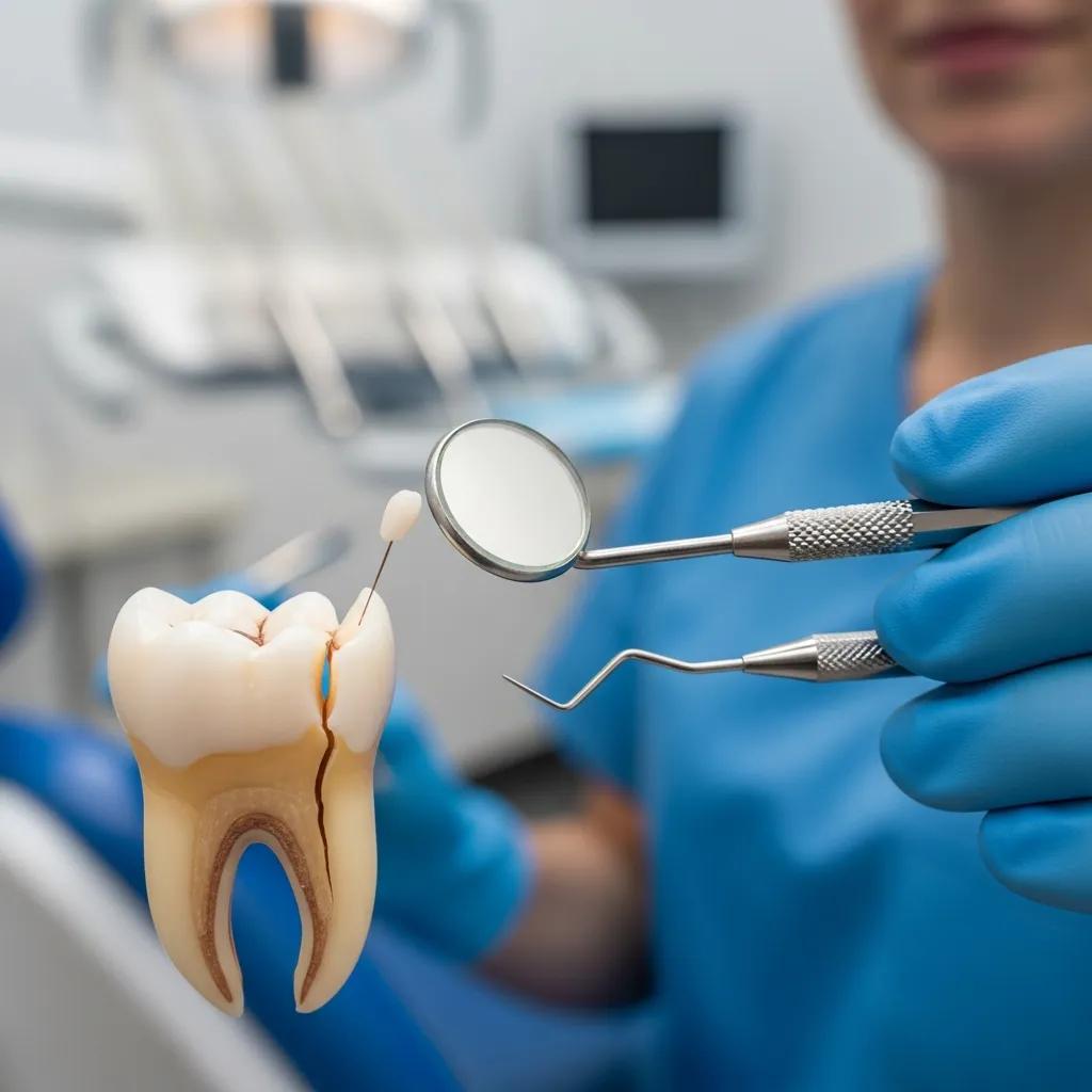 Close-up of a broken tooth with dental tools in a clinic