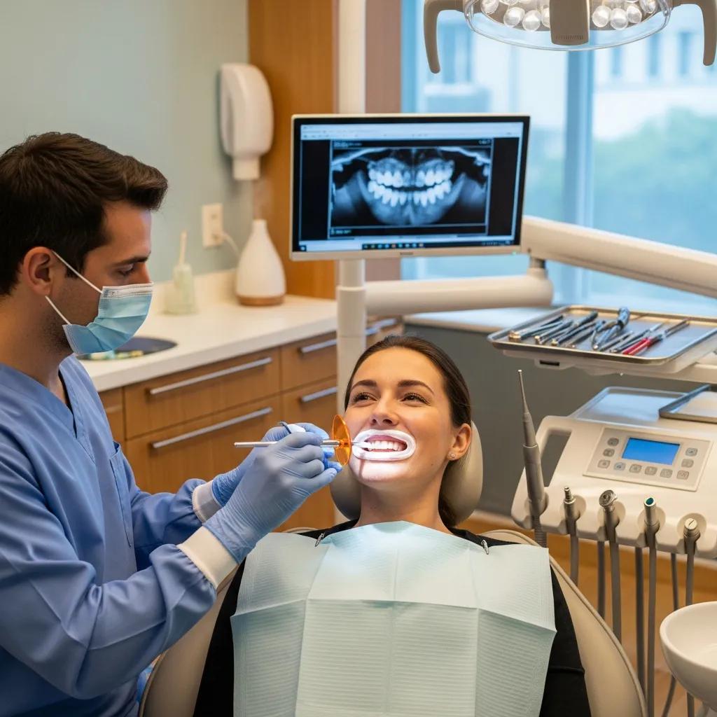 Dental office scene showcasing a patient undergoing professional teeth whitening treatment