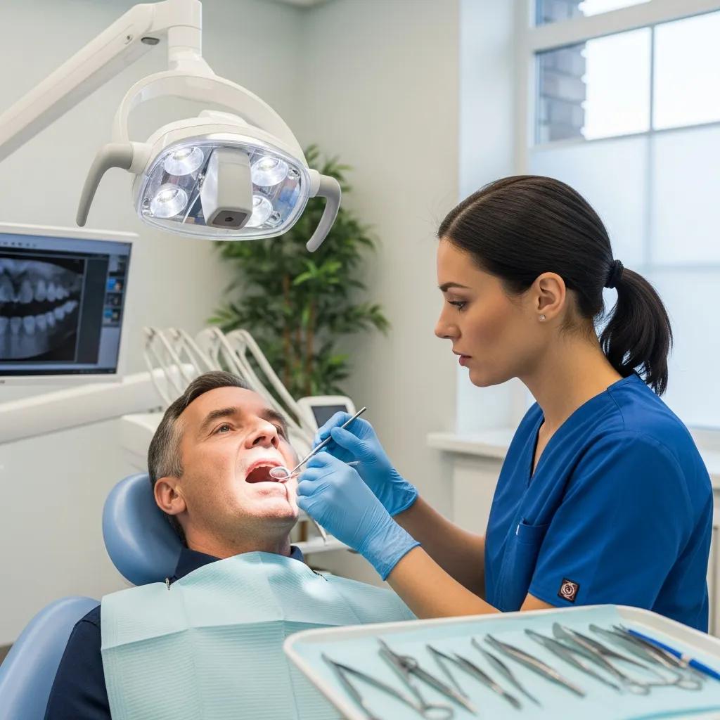 Dental professional examining a patient's gums in a modern clinic, highlighting periodontal disease treatment
