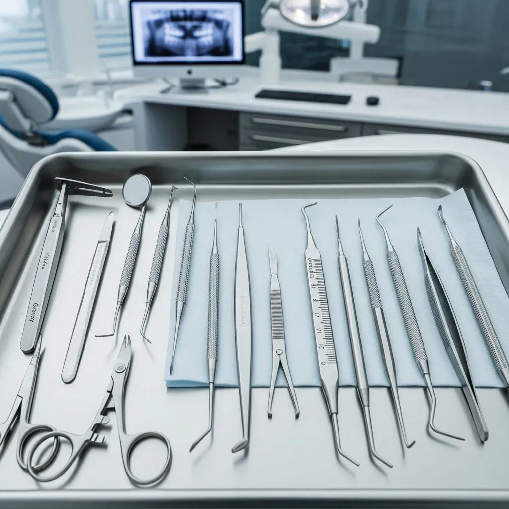 Dental treatment tools for periodontal therapy arranged on a tray, representing gum disease treatment options