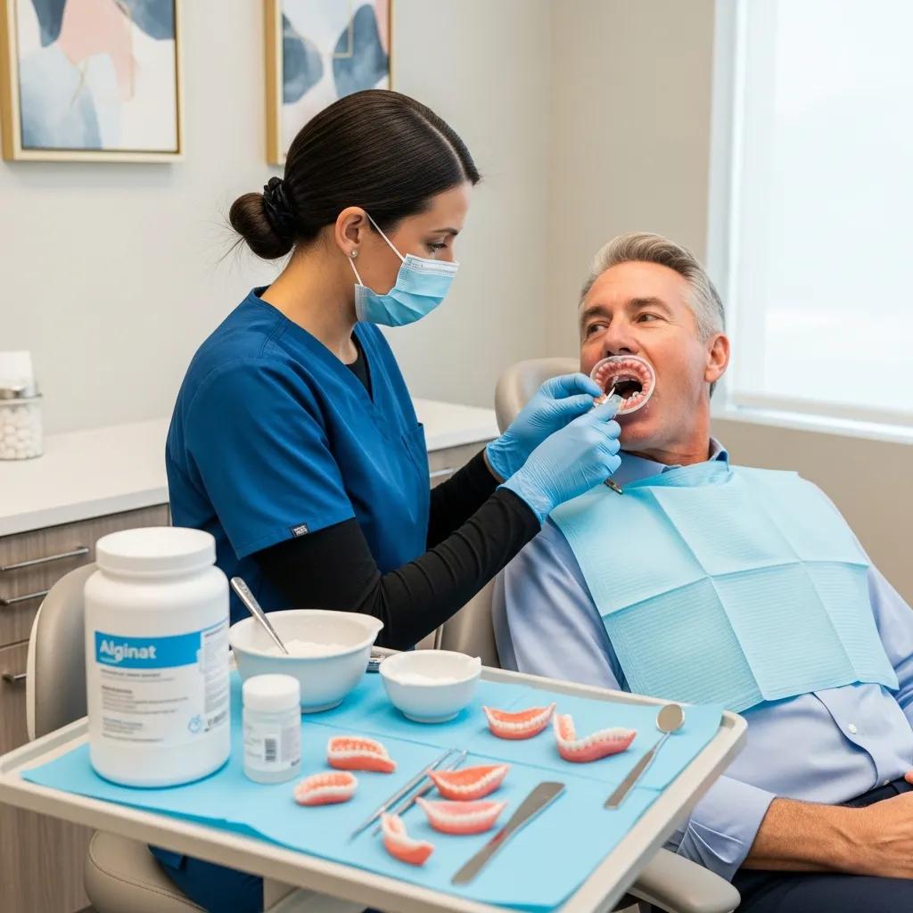 Dentist taking impressions of a patient's mouth during the denture fitting process in a dental office
