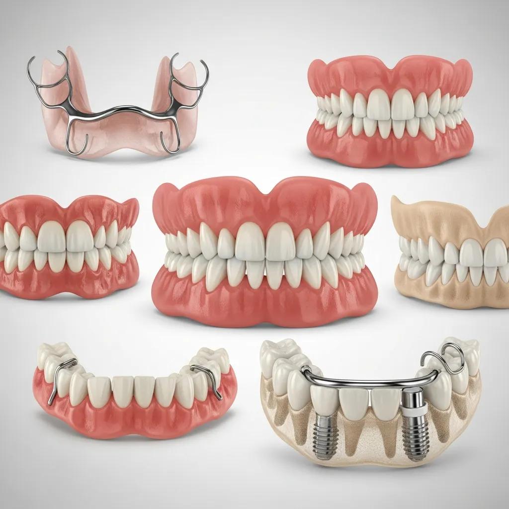 Different types of dentures including full, partial, and implant-supported options displayed for comparison