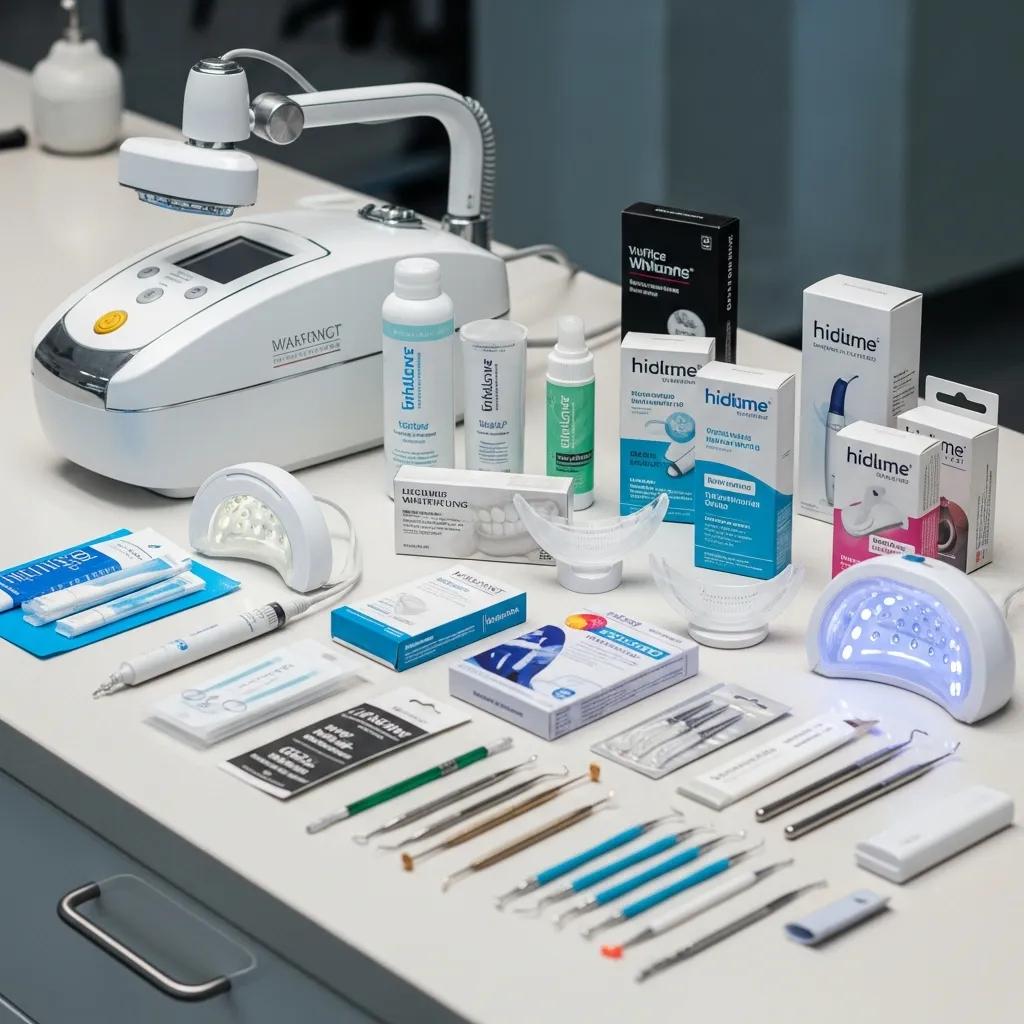 Display of different teeth whitening options available in Oak Lawn, including in-office and at-home kits