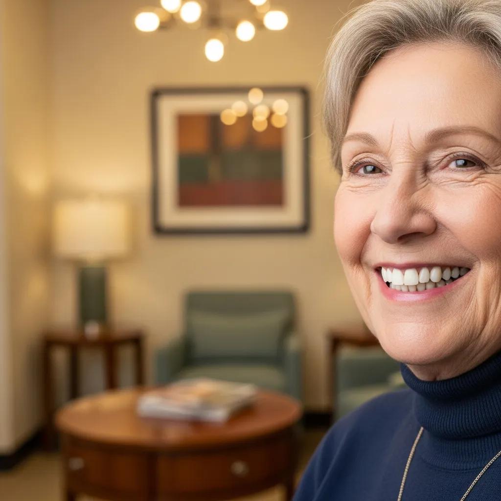 Smiling individual with dentures in a dental office, showcasing the benefits of dental prosthetics