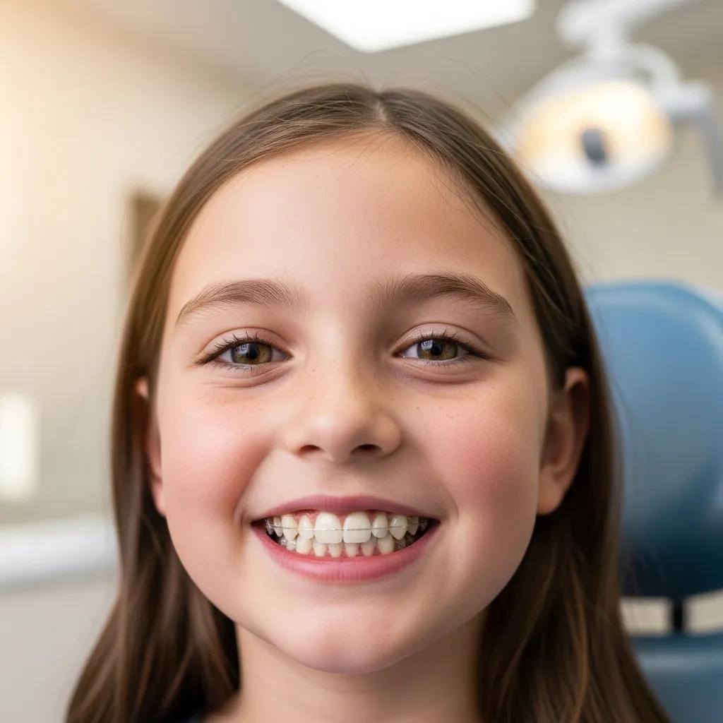 Child smiling with clear aligners in a dental office setting