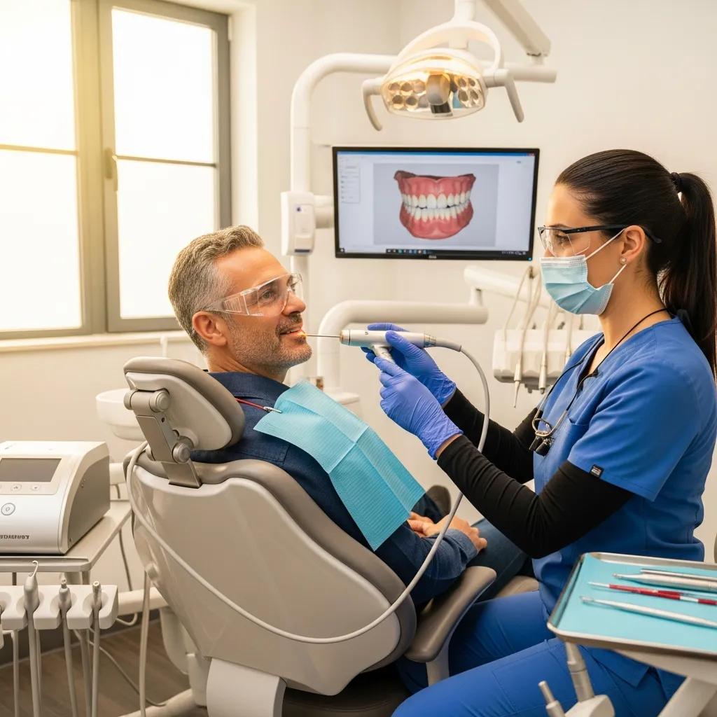 Dental professional demonstrating laser therapy for gum disease treatment in a modern office