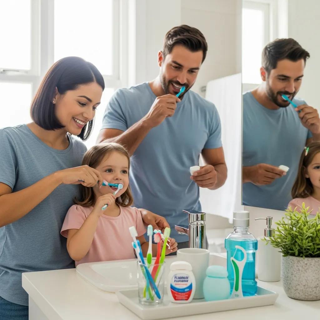 Family practicing good oral hygiene at home, emphasizing prevention strategies for gum disease