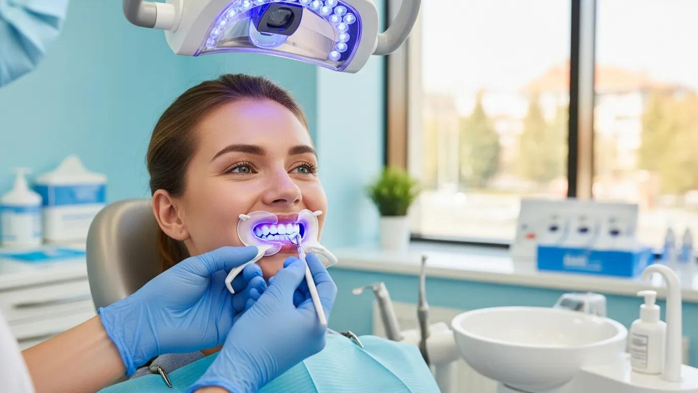 Patient undergoing teeth whitening treatment, highlighting cosmetic dentistry options