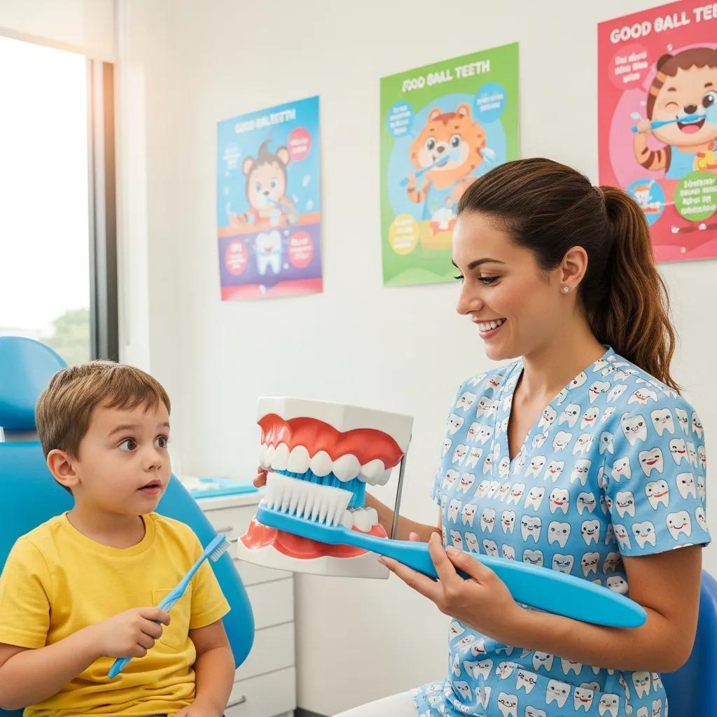 Pediatric dentist teaching a child about brushing teeth in a playful dental office